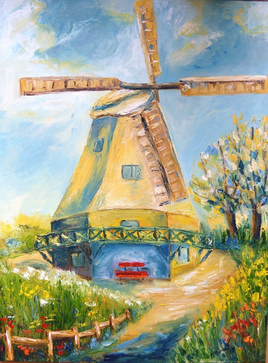 Malerei Kunst kaufen – Gemälde – Windmühle mit roter Bank