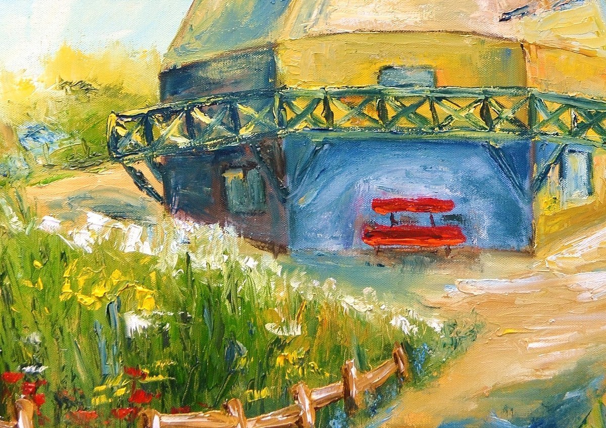 Malerei Kunst kaufen – Gemälde – Windmühle mit roter Bank