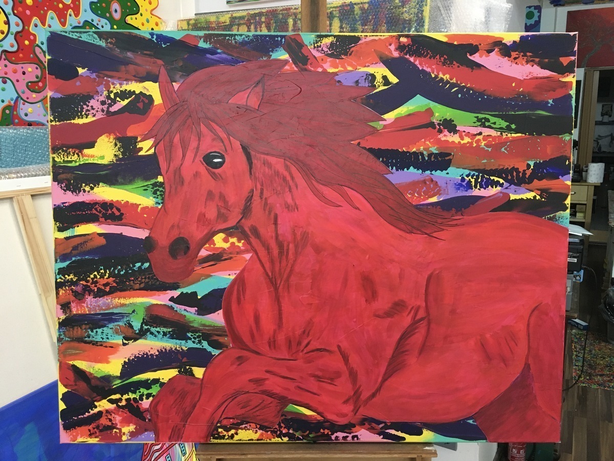 Malerei Kunst kaufen – Gemälde – 100x80cm XL Grossformat Pferd Unikat Acryl Kunst bunt Leinwand Bild POP ART