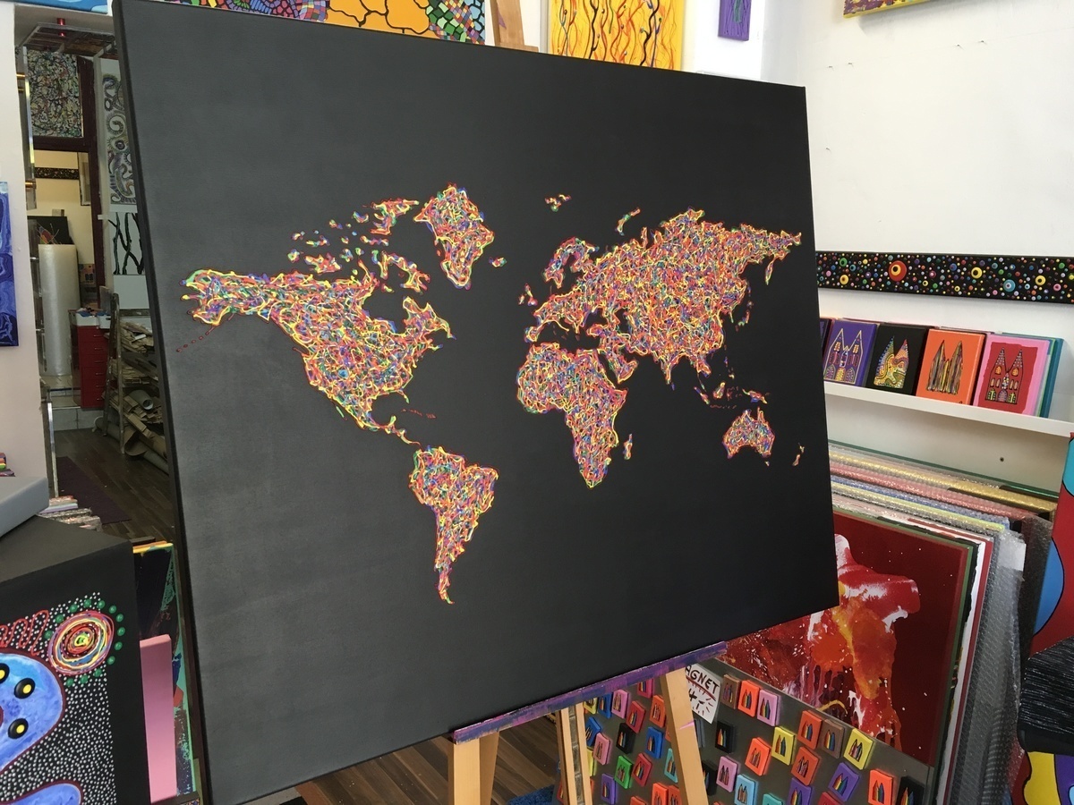 Malerei Kunst kaufen – Gemälde – Großformat 120x100cm Weltkarte XL 3-D Rahmen handgemalt