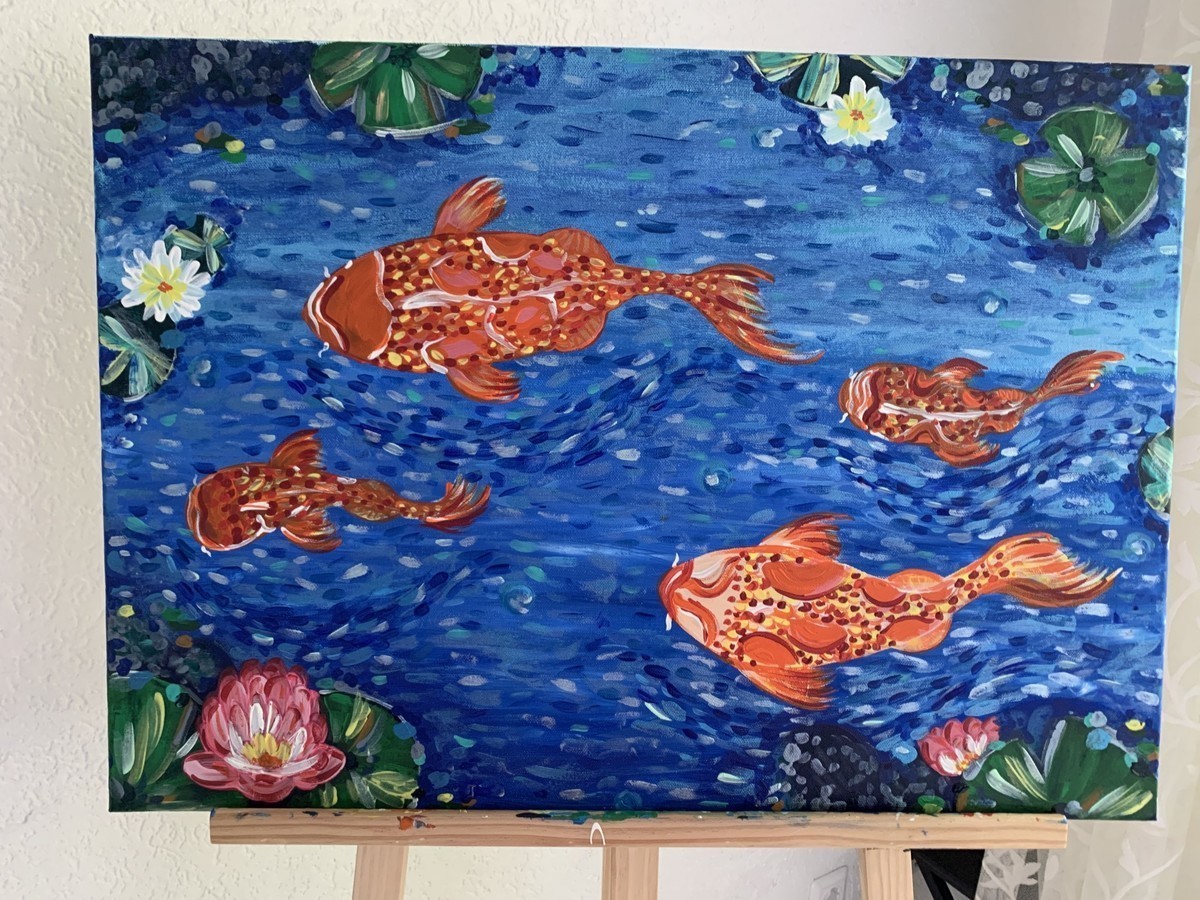 Malerei Kunst kaufen – Gemälde – Koi-Fische und Wasserlilien