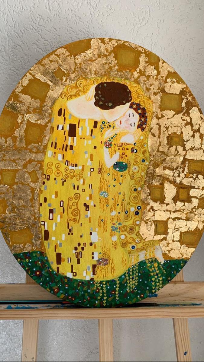 Malerei Kunst kaufen – Gemälde – Reproduktion Gustav Klimt " Der Kuss " mit Blattgold